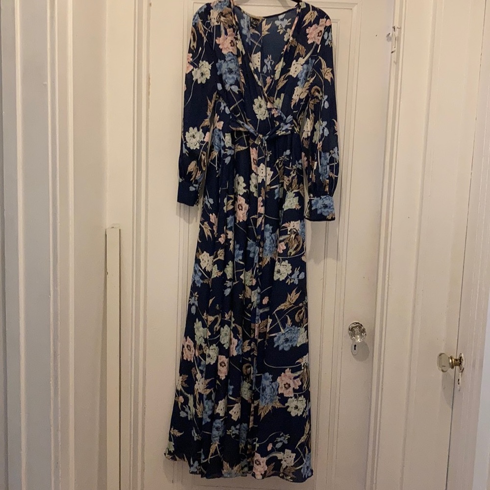 Navy blue floral long sleeve beautiful dress